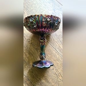 Fenton carnival glass compote with original tag